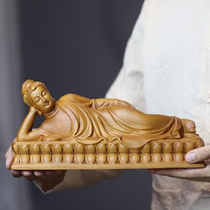 Scented Cypress Shakyamuni Reclining Buddha Statue, Hand-Carved Zen Altar & Sympathy Gift