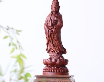 Standing Quan Yin Statue - Goddess of Mercy, 14" Solid Padauk Wood