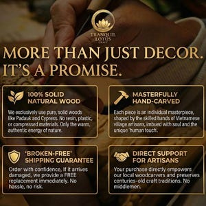 An advertisement for Tranquil Lotus Craft, featuring text and images. The text highlights the use of 100% solid natural wood, masterfully hand-carved pieces, a broken-free shipping guarantee, and direct support for artisans.