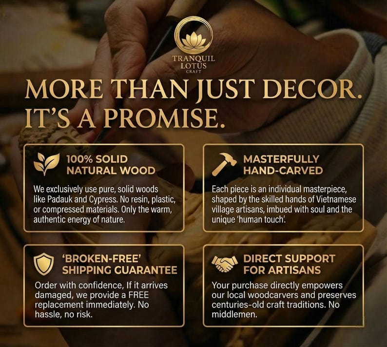 An advertisement for Tranquil Lotus Craft, featuring text and images. The text highlights the use of 100% solid natural wood, masterfully hand-carved pieces, a broken-free shipping guarantee, and direct support for artisans.