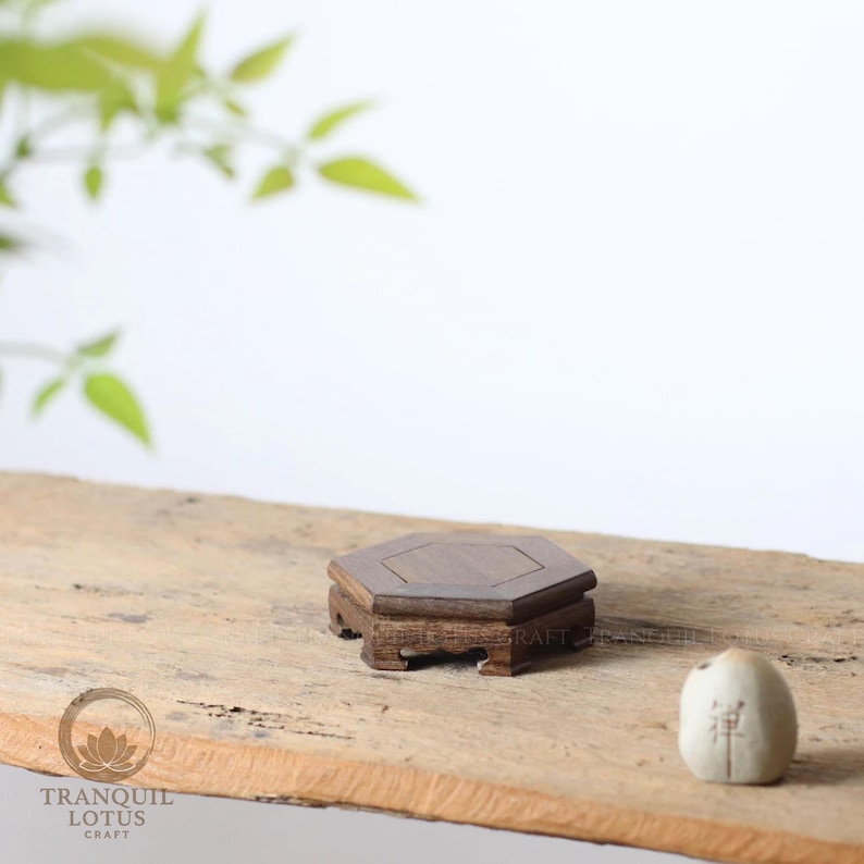 Hexagon wood display base, 4.7 inch, handcrafted Sindora wood holder for small crystals, spheres, or mini monk statues.
