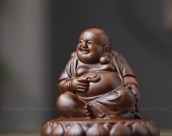Padauk Wood Laughing Buddha on Lotus — Hand-Carved Zen Statue