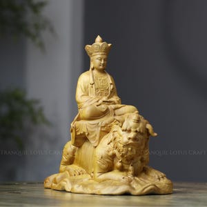 Serene Jizo & Divine Beast Statue | aromatisches Zypressenholz | Zen Altar Heildekor