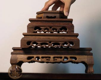 Solid Wood Display Stand, Carved Oriental Pedestal Riser for Buddha Statue, Bonsai Base, Crystal Holder, Dark Sindora Wood Altar Decor