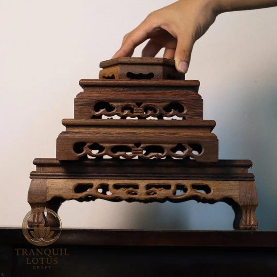Solid Wood Display Stand, Carved Oriental Pedestal Riser for Buddha Statue, Bonsai Base, Crystal Holder, Dark Sindora Wood Altar Decor