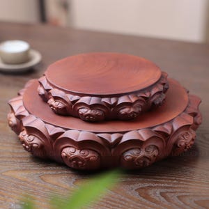 Lotus Wood Altar Stand, Hand Carved Padauk Buddha Throne - Spiritual Housewarming Gift