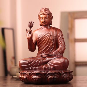 Wooden Shakyamuni Buddha Holding Lotus — Solid Padauk Sanctuary Decor, Flower Sermon for Healing Gift