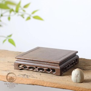 Solid wood square pedestal riser, available in 6.3 and 7.9 inch styles, handcrafted for incense burners, vases, or deity figures