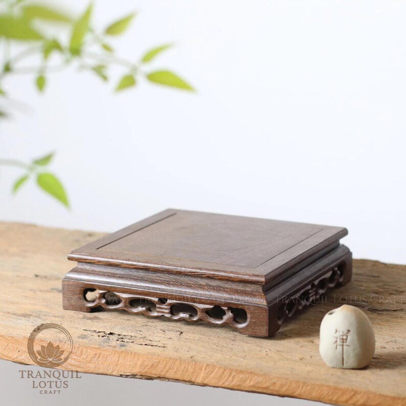 Solid wood square pedestal riser, available in 6.3 and 7.9 inch styles, handcrafted for incense burners, vases, or deity figures