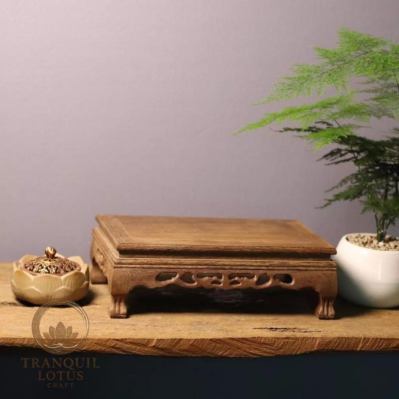 Rectangular 11.8 inch wooden bonsai base displaying a green fern and incense burner. Low profile 30cm riser perfect for zen desk organization or elevating a tea set.