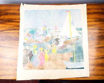 Vintage Signed Folk Art Primitive Color Boat Seascape Lithograph Print Sylvia Hamilton, Colorful Nautical Wall Hanging, Blue Sailing Ships