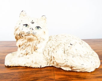 Antique Hubley Style Cast Iron White Cat Doorstop Metal Feline Statue Figurine, Unique Feline Ornament for Boy Girl Nursery, Door Holder