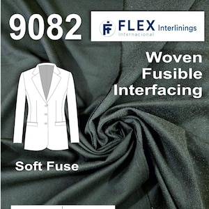 May include: Dark green woven fusible interfacing fabric with the text "9082" and "Soft Fuse". The image includes a diagram of a blazer and details about the fabric's weight, composition, and width of 150cm.