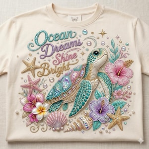 May include: A cream-colored t-shirt featuring a graphic of a sea turtle surrounded by hibiscus flowers, seashells, and starfish. The design includes the text "Ocean Dreams Shine Bright" in a decorative script, accented with sparkling rhinestones.