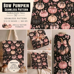 Puede incluir: Un diseño de patrón sin costuras con calabazas negras y rosas decoradas con lazos, perlas y detalles florales sobre un fondo negro. La imagen muestra una bolsa de tela, una caja de regalo y un rollo de tela con el estampado de calabazas.