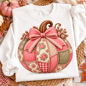 Pink Patchwork Pumpkin PNG, Coquette Fall Design, Floral Gingham, Cottagecore Autumn (Digital Download)