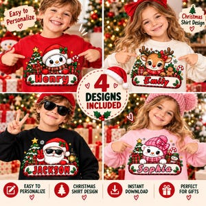May include: Four long-sleeve sweatshirts featuring Christmas-themed graphics of a snowman, a reindeer, Santa Claus, and a polar bear. Each design includes a personalized name tag, holiday trees, and gifts. The text includes names Henry, Emily, Jackson, and Sophia.