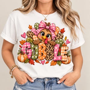 Gobble Turkey Thanksgiving Shirt PNG, Coquette Bow, Leopard Pumpkin Fall Design (Digital Download)