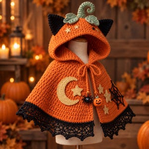 May include: An orange crochet hooded cape featuring a pumpkin stem and leaves on the hood, black cat ears, and a black lace hem. The cape is decorated with a large crescent moon, several stars, a spider web, and dangling charms of a spider and pumpkin.