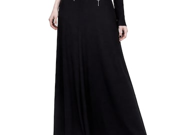The VM lange zwarte a-lijnrok - gotische rekbare zwarte maxi-rok, donkere Academia-rok, alternatieve garderobe, handgemaakte zwarte rok