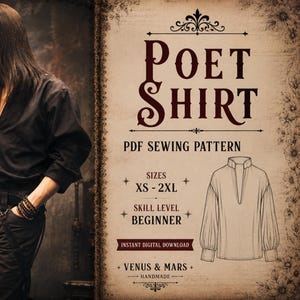 May include: A black long-sleeved shirt with a deep V-neckline and cuffed sleeves. The image includes text reading POET SHIRT, PDF SEWING PATTERN, SIZES XS - 2XL, SKILL LEVEL BEGINNER, INSTANT DIGITAL DOWNLOAD, and VENUS & MARS HANDMADE.