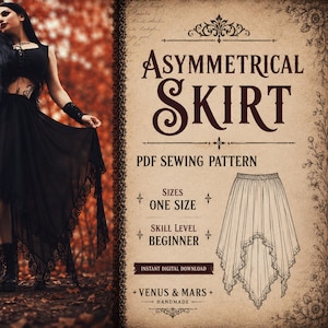 Op de afbeelding: Een PDF-naaipatroon voor een zwarte asymmetrische rok met een lijntekening van het kledingstuk met kanten afwerking. De tekst luidt ASYMMETRICAL SKIRT, PDF SEWING PATTERN, SIZES ONE SIZE, SKILL LEVEL BEGINNER, INSTANT DIGITAL DOWNLOAD, VENUS & MARS HANDMADE.