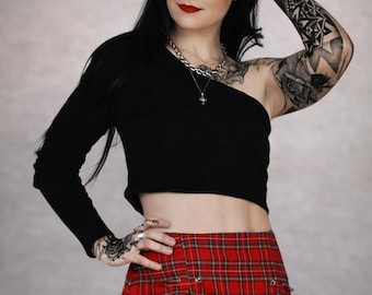 The VM Goth One Sleeve Crop Top - Handmade Alternative Top, Asymmetrical Gothic Shirt, Dark Aesthetic Witchy Whimsigoth Festival Crop Top