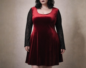 The VM Velvet Lace Long Sleeve Dress - Gothic Velvet Witchy Bell Sleeve Dress, Dark Academia Velvet Gown, Ren Faire Dress,Alternative Formal