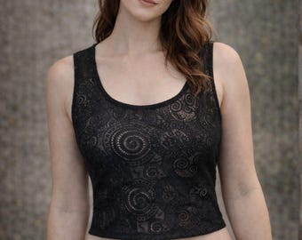 The VM Black Lace Crop Top -Dark Academia Witchy Gothic Festival Top, Sheer Lace Tank, Rave Outfit Top, Handmade Alternative Clothing