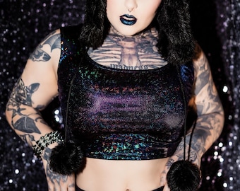 Sparkly Crop Top, Glitter Festival Top, Iridescent Rave Tank, Burning Man Outfit, EDM Clubwear, Handmade Y2K Party Top