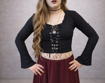 The VM Goth Lace Up Crop Top - Handmade Gothic Adjustable Lace Front Shirt, Dark Alternative Clothing, Withcy Whimisigoth Festival Crop Top