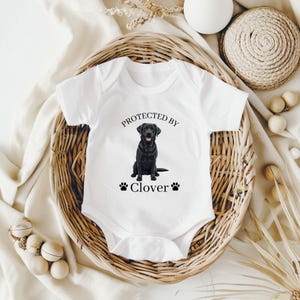 May include: A white short-sleeved baby bodysuit featuring a graphic of a black Labrador retriever sitting in the center. The text above the dog reads PROTECTED BY and the text below reads Clover, flanked by two small black paw print icons.