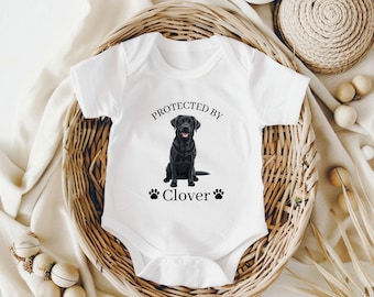 Black Labrador 'Protected by' Baby Bodysuit | Personalized Dog Name, Protected by Labrador Dog Custom Baby Bodysuit