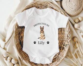 Custom Pet Protected By Baby Onsie, Personalized Puppy Onsie for Boys and Girls, Baby Pet Lover Outfit, Baby Shower Gift, German Shepherd