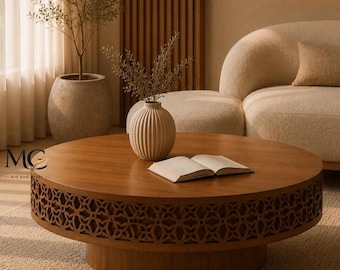 Wooden Carved Coffee Table Round Boho Cocktail Handmade Living Room Center Table Lattice Carving