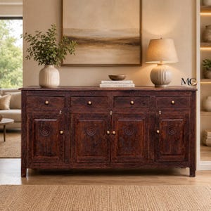 Aparador de madera tallado a mano, vitrina rústica de nogal envejecido, consola de almacenamiento con tallas florales vintage, mueble buffet.