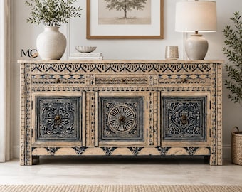 Hölzerner Handgeschnitzter Distressed Sideboard-Schrank, Konsolentisch für die Aufbewahrung von Möbeln