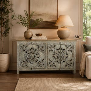Wooden Carved Sideboard Cabinet Console Table Boho Floral Mandala Buffet storage Credenza Furniture Home-Decor