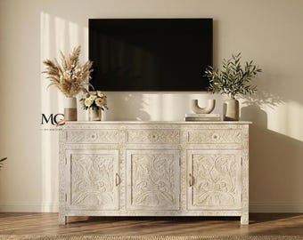 Handcarved WhiteWash Sideboard Cabinet Rustic Bohemian Storage Console Vintage Floral carvings, Wooden Buffet Furniture