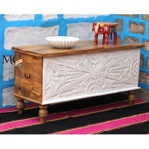 Houten gesneden boho opbergkoffer wit Distressed salontafel bloemen mandala dekendoos boerderij dressoir kist