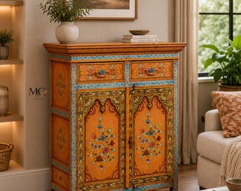Wooden Hand-Painted Storage cabinet: Vintage Armoire Floral Sideboard Boho Farmhouse Accent Furniture Home Decor