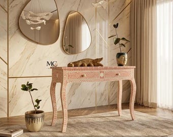 Handmade Bone Inlay Console Table Floral Entryway Cabinet Boho Sideboard Desk Pink Home Decor