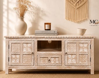Wooden HandCarved Center TV-Unit Stand, Console Cabinet, Sideboard Distressed white Credenza Storage, Buffet Furniture