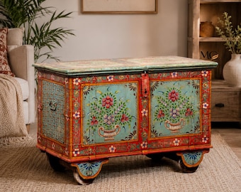 Wooden Hand-Painted Trunk Box Cabinet | Coffee Table | Vintage Rustic Sideboard Storage Chest | Home Decor