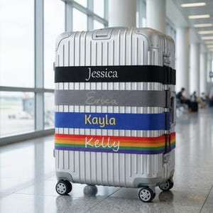 Puede incluir: Una maleta plateada con cuatro correas. Cada correa es de un color diferente: negro, gris, azul y arcoíris. Los nombres "Jessica", "Erica", "Kayla" y "Kelly" están bordados en las correas.