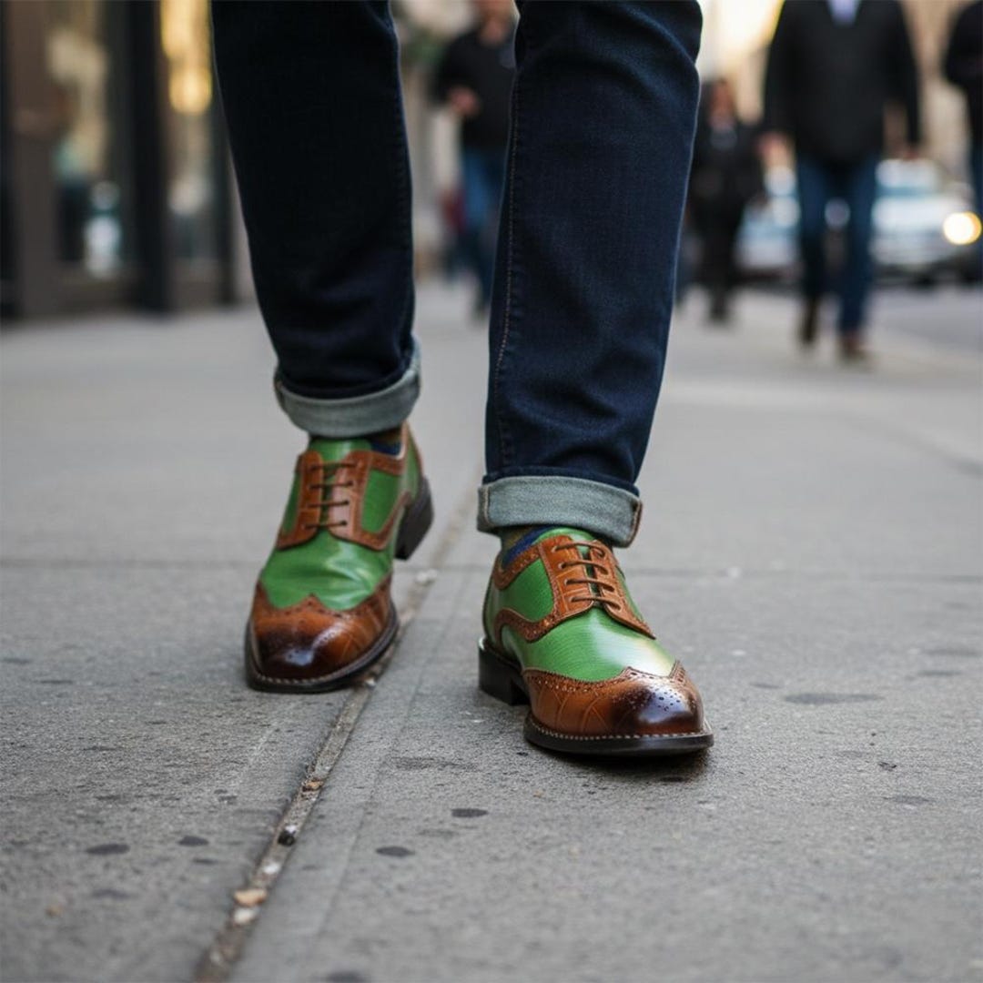 Handcrafted Green Leather Wingtip Brogues | Brown Crocodile Pattern ...