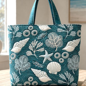 May include: Teal tote bag with white seashell and coral embroidery. The bag features a quilted design with a repeating pattern of marine life, including starfish, shells, and coral. The bag has a matching teal handle.