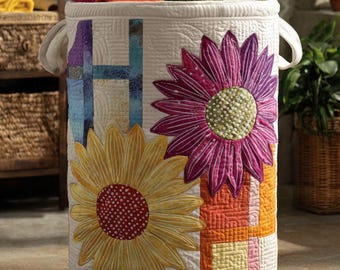 Quilted Laundry Basket, Floral Clothes Hamper, Home Storage Bin, Gift For Flower Lovers