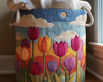 Tulip Daylight Quilted Laundry Basket, Floral Clothes Hamper, Spring Home Storage Bin Gift