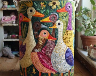 Feathered Fancies Quilted Laundry Basket, Elegant Feather Hamper, Nature Inspired Home Decor Gift